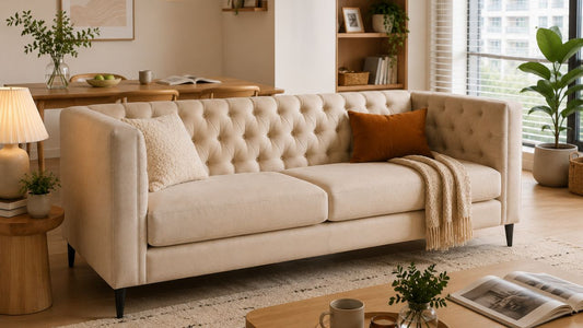 Beige tufted sofa in a modern Singapore living room with visual comparison of pocket springs, sinuous springs, and webbing sofa support systems.