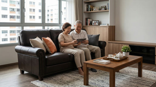Elderly couple sitting comfortably on a supportive leather sofa in a Singapore HDB living room, showing practical sofa height and arm rests for older parents.