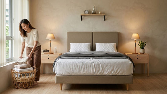 Minimalist bedroom with soft neutral furnishings, upholstered bed frame, bedside lamps and cosy textile styling for soft furnishings care and maintenance guide