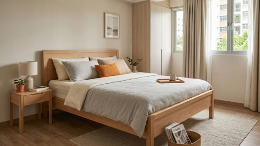Solid oak bed frame in light wood tone styled in a warm Singapore HDB bedroom with matching bedside table, neutral bedding, soft daylight, and practical storage-friendly layout.