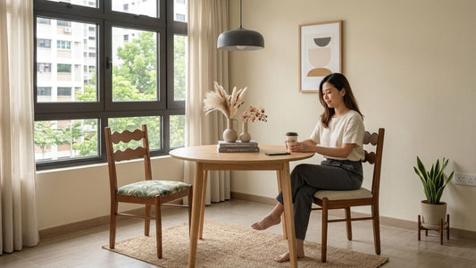 Solid wood dining chairs with mixed upholstered cushions in a modern Singapore HDB dining space featuring natural light and minimalist decor