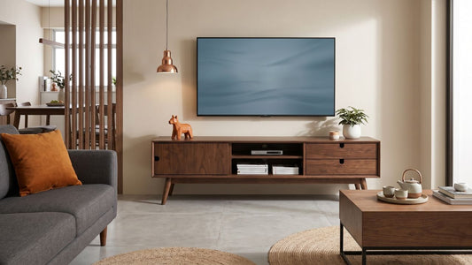 Solid wood TV console in a warm Singapore living room with wall-mounted TV, grey sofa, coffee table, and natural wood accents