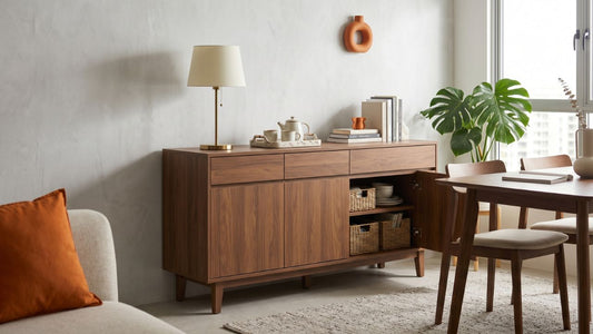 Wooden storage sideboard in a bright Singapore HDB dining and living area, showing practical storage furniture care in a humid climate