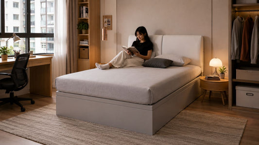 Modern super single mattress in a warm Singapore condo bedroom with study desk and young adult reading on bed, styled for compact contemporary living.