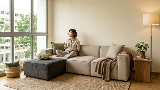 Woman relaxing on a beige sustainable sofa in a minimalist Singapore HDB living room with eco-friendly furniture and natural light