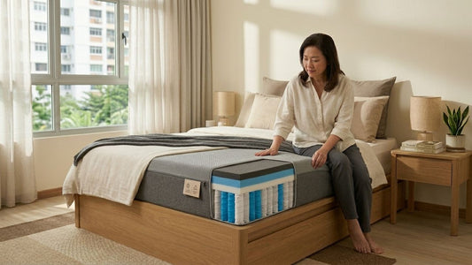 Woman testing a sustainable hybrid mattress with eco-friendly foam and pocket spring layers in a modern natural bedroom