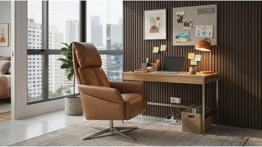 Tan leather office chair with wooden desk in a modern Singapore apartment home office with city view