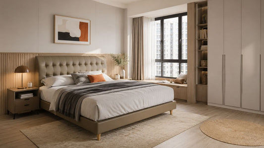 Taupe upholstered platform bed in a modern Singapore bedroom with built-in wardrobe, warm wood tones, soft daylight, and space-smart styling.