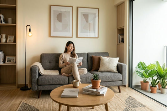 Woman relaxing on a grey fabric sofa in a cosy rented apartment living room with modern furniture and natural light, ideal for short-term furniture rental blog