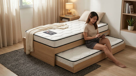 Modern wooden trundle bed with pull-out mattress in a compact Singapore bedroom for space-saving guest and family sleeping solutions