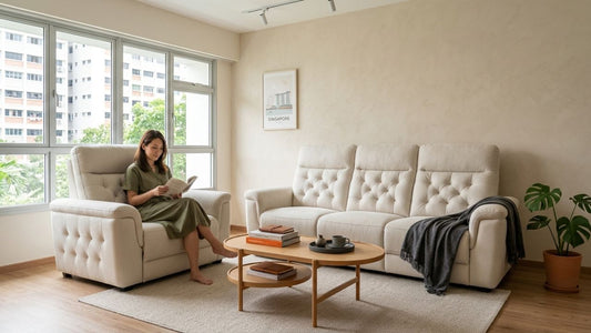 Modern tufted sofa collection in a cosy contemporary living room with cream leather recliner sofa set and minimalist décor