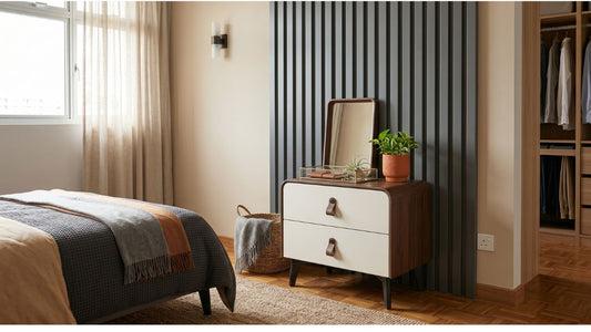 Two-drawer chest of drawers in a modern Singapore bedroom with mirror, open wardrobe, and practical storage styling