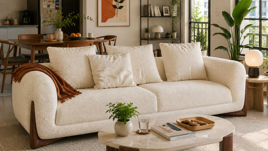 Two-seater cream sofa in a modern Singapore HDB living room with warm wood tones, coffee table, balcony light, and practical couple-friendly layout.