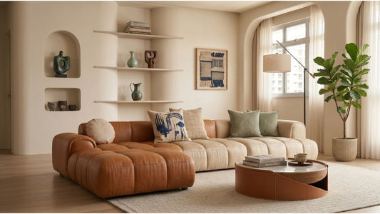 Two-tone leather and fabric modular sofa with chaise in a modern Singapore condo living room