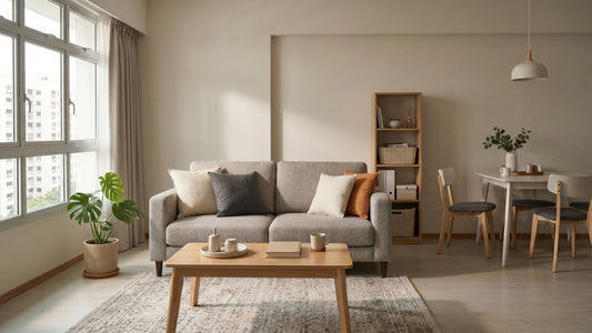 Grey sectional sofa in a bright Singapore HDB living room, highlighting furniture warranty considerations for sofas, upholstery, and daily home use.