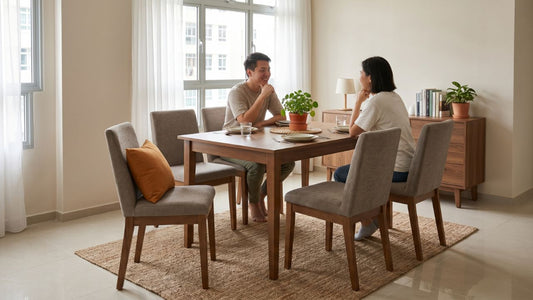 Couple seated at a wooden dining table with upholstered dining chairs in a bright Singapore HDB dining room.