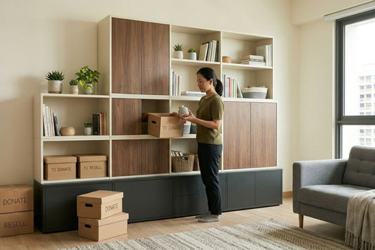 Woman organising shelving unit and sorting furniture items for donation and resale in a modern Singapore HDB living room