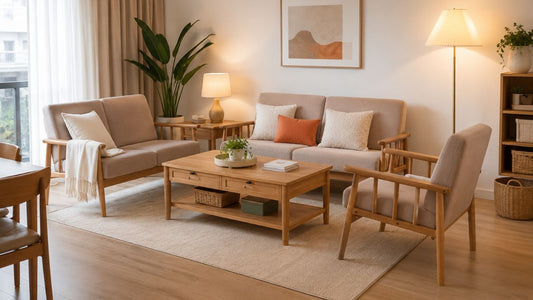 Beige wood-frame sofa set anchored with a large neutral rug, coffee table, floor lamp, and warm lighting in a modern Singapore living room.
