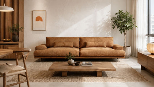 Warm brown Japandi sofa in a minimalist Singapore condo living room with natural wood furniture and soft daylight