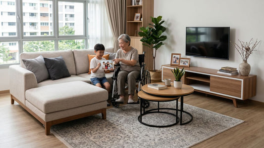 Elderly woman in wheelchair dining at an accessible wooden table in a Singapore HDB living and dining room with clear wheelchair space.