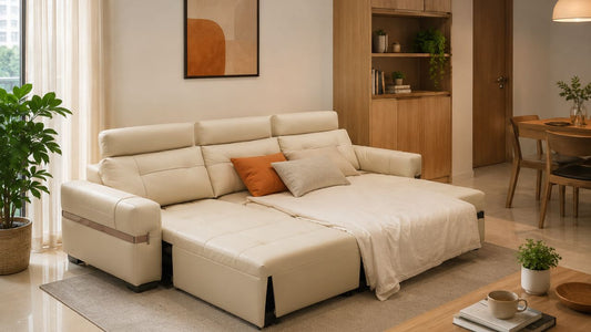 Cream leather sofa bed in a warm modern Singapore living room, showing a practical alternative to a regular bed for compact homes