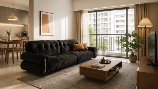 Charcoal sofa in a modern Singapore living room showing where to splurge and save on furniture