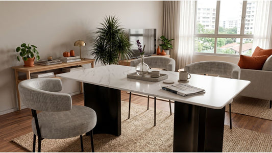 White marble dining table with grey upholstered chairs in a modern Singapore dining and living room