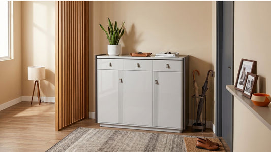 White shoe cabinet in a modern Singapore foyer with umbrella stand, rug, plant, and warm wood accents