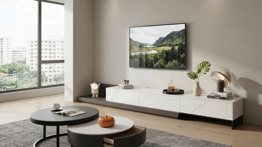White sintered stone TV console with closed storage, black base, wall-mounted TV, coffee tables, and natural daylight in a compact Singapore living room.