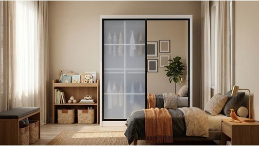 White sliding children's wardrobe with frosted glass panel in a cosy Singapore bedroom with bed and storage shelves
