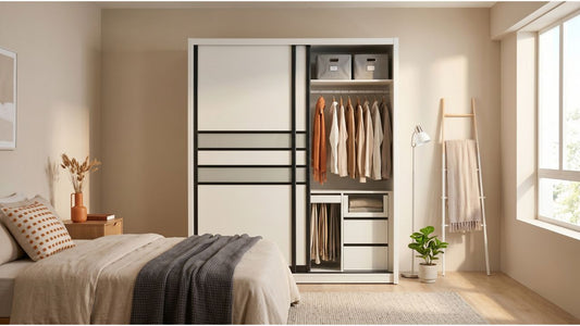 White sliding wardrobe with open hanging space, shelves, drawers, and storage boxes in a small modern Singapore bedroom