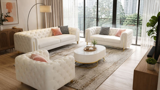 White tufted sofa set in a bright modern Singapore condo living room, showing protected furniture placement after renovation storage planning