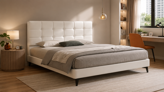 White upholstered bed frame in a modern Singapore HDB bedroom with study nook, built-in shelving and pumpkin accent chair.