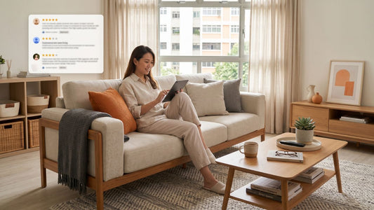 Woman reading furniture customer reviews on a tablet while sitting on a beige sofa in a bright Singapore living room
