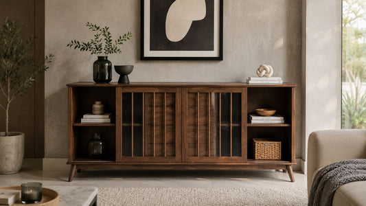 Wooden TV console in a modern Singapore living room with clean lines and mixed material decor