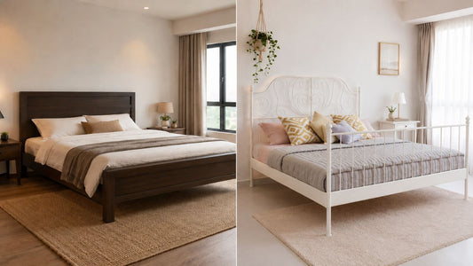 Wooden bed frame and white metal bed frame shown side by side in modern Singapore bedrooms for material comparison.