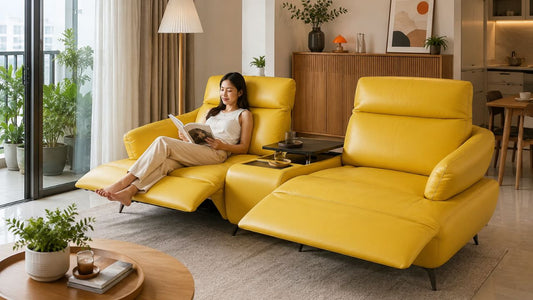 Yellow recliner sofa in a modern Singapore living room with warm neutral decor and practical open-plan layout