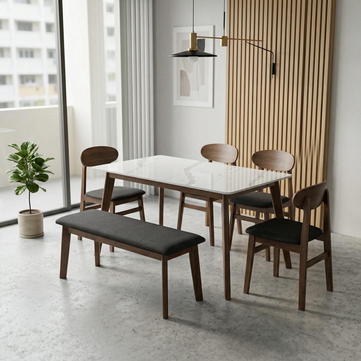 Ardun Dining Set (1 Table + 4 Chair + 1 Bench) by Wood Haven