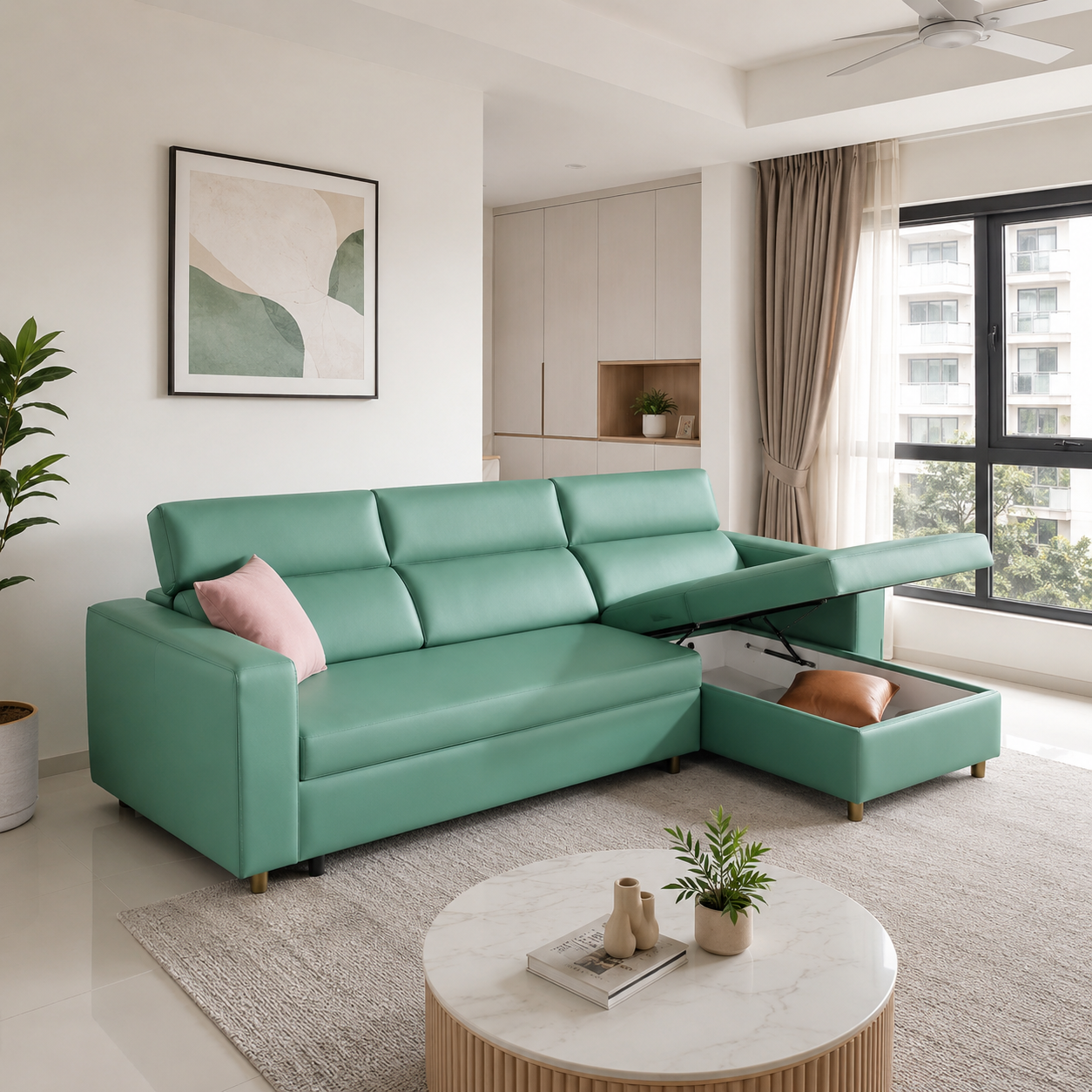 Liorva L-Shaped Faux Leather Storage Sofa Bed