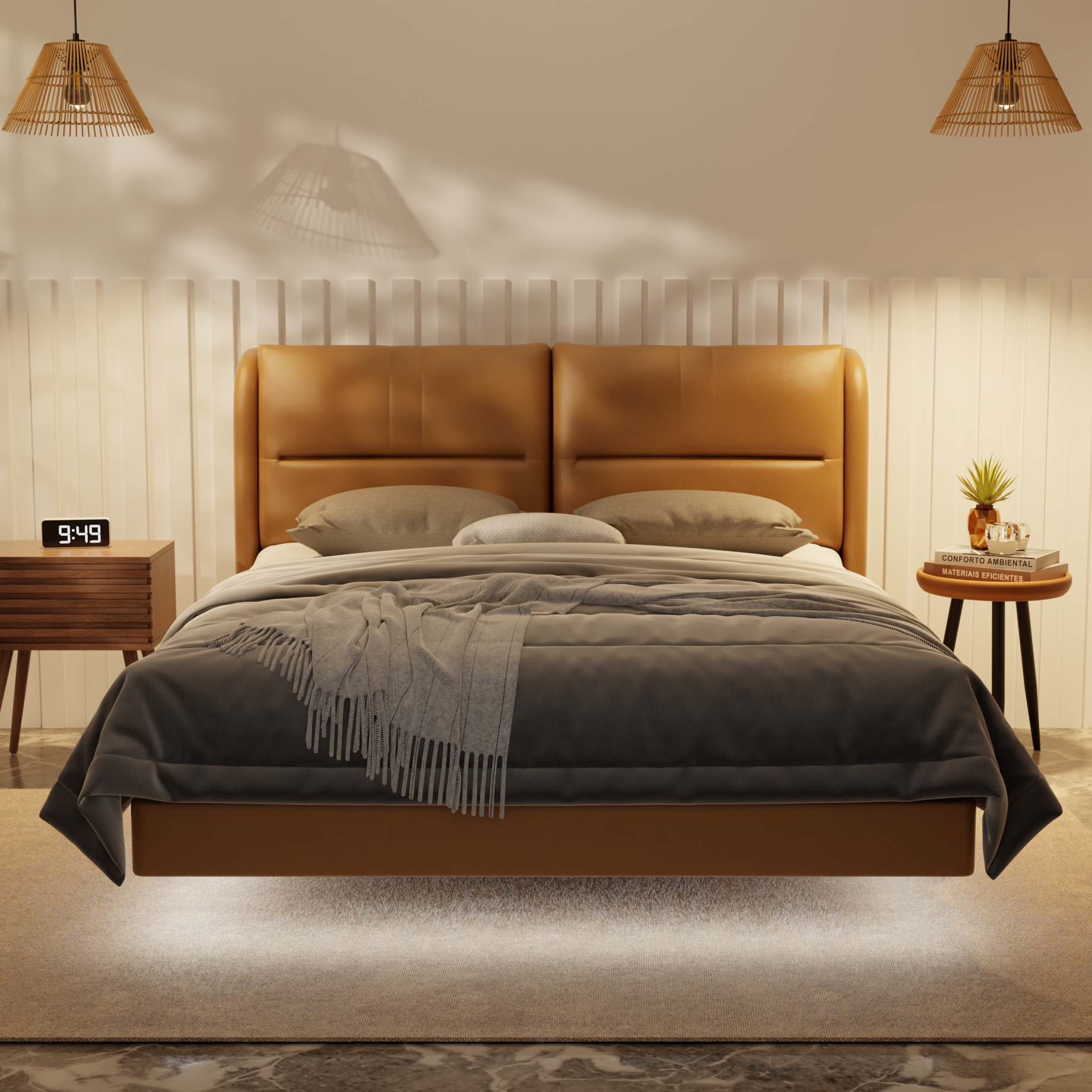 Linqe Genuine Leather Floating Bed Frame (With LED) by Esteller