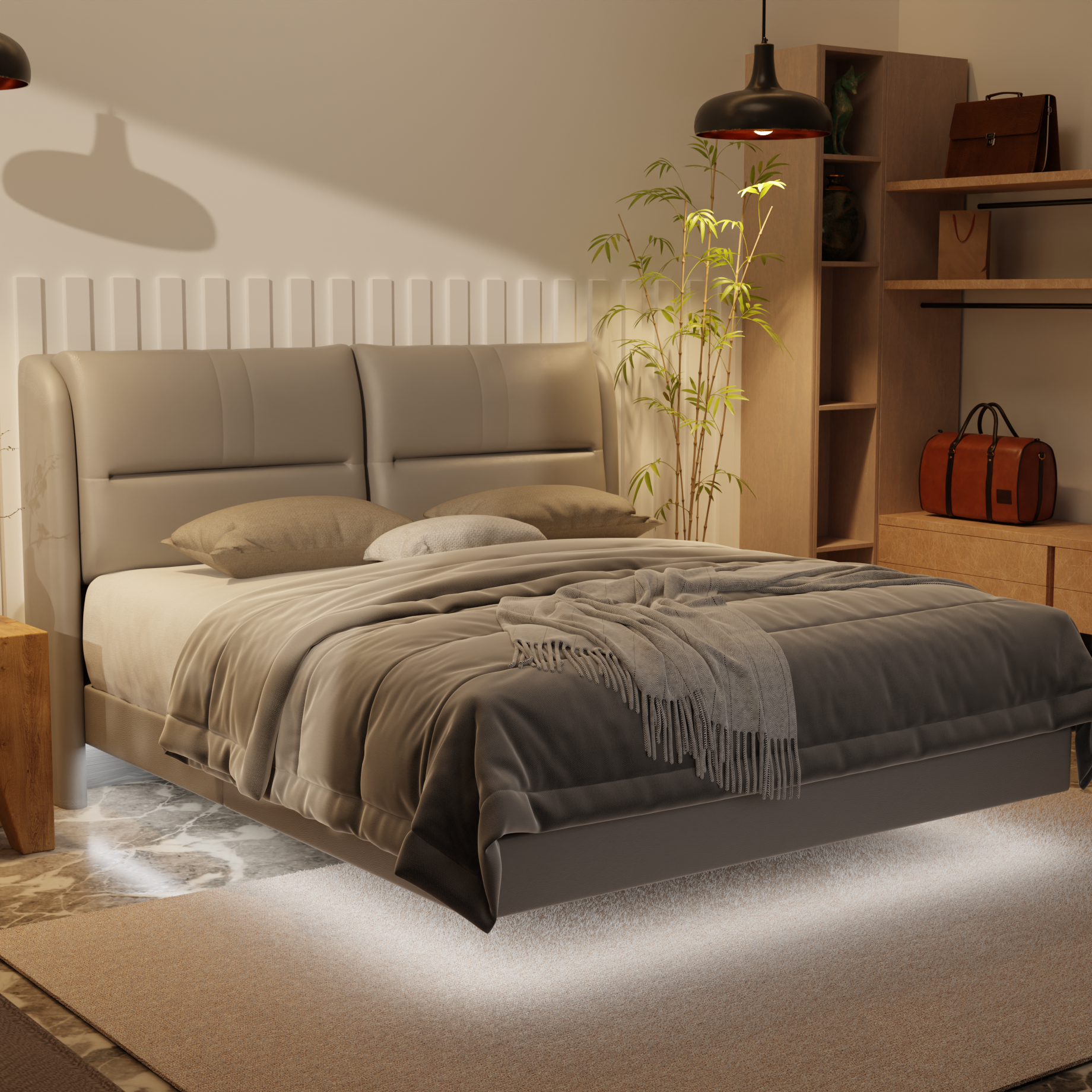 Linqe Genuine Leather Floating Bed Frame (With LED) by Esteller