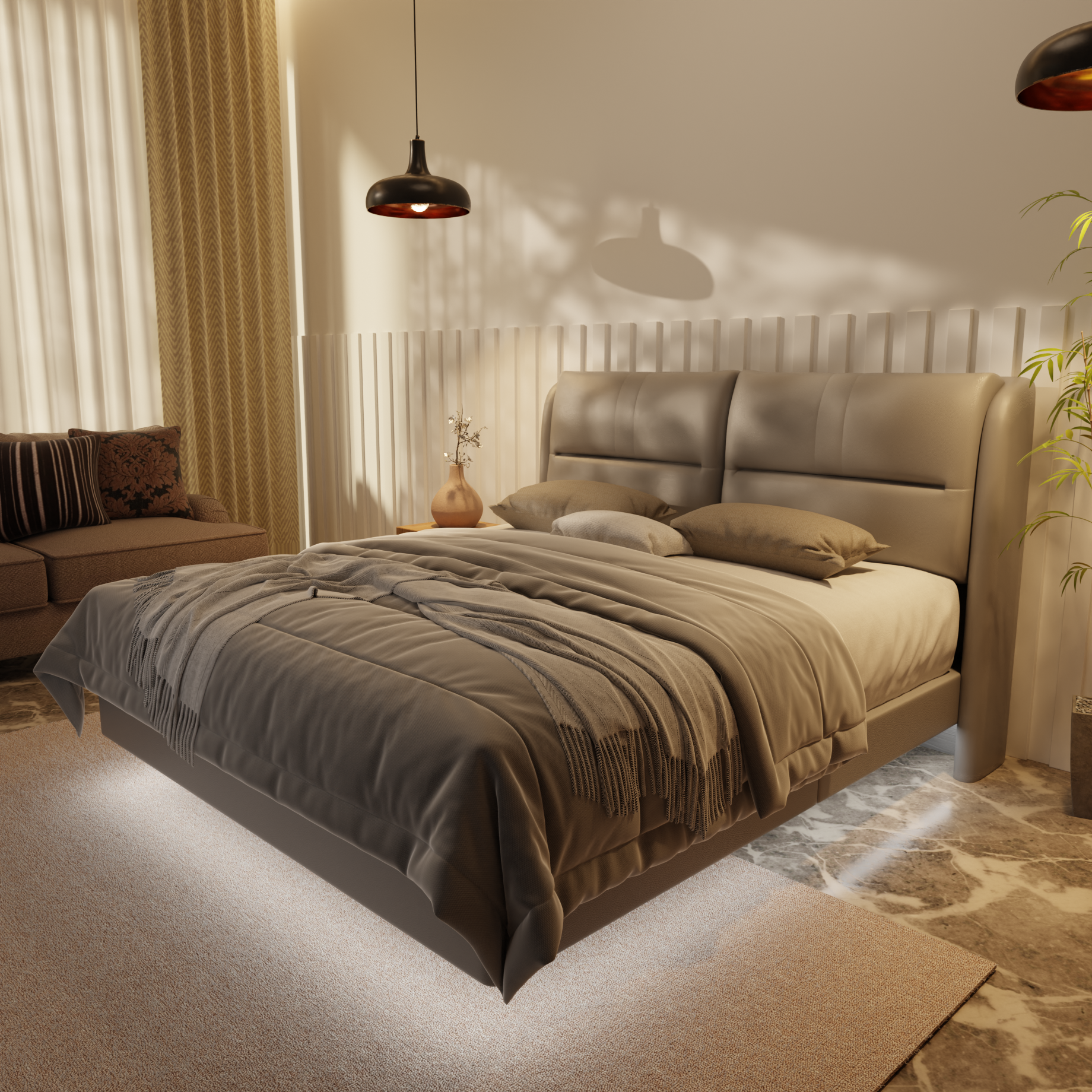 Linqe Genuine Leather Floating Bed Frame (With LED) by Esteller