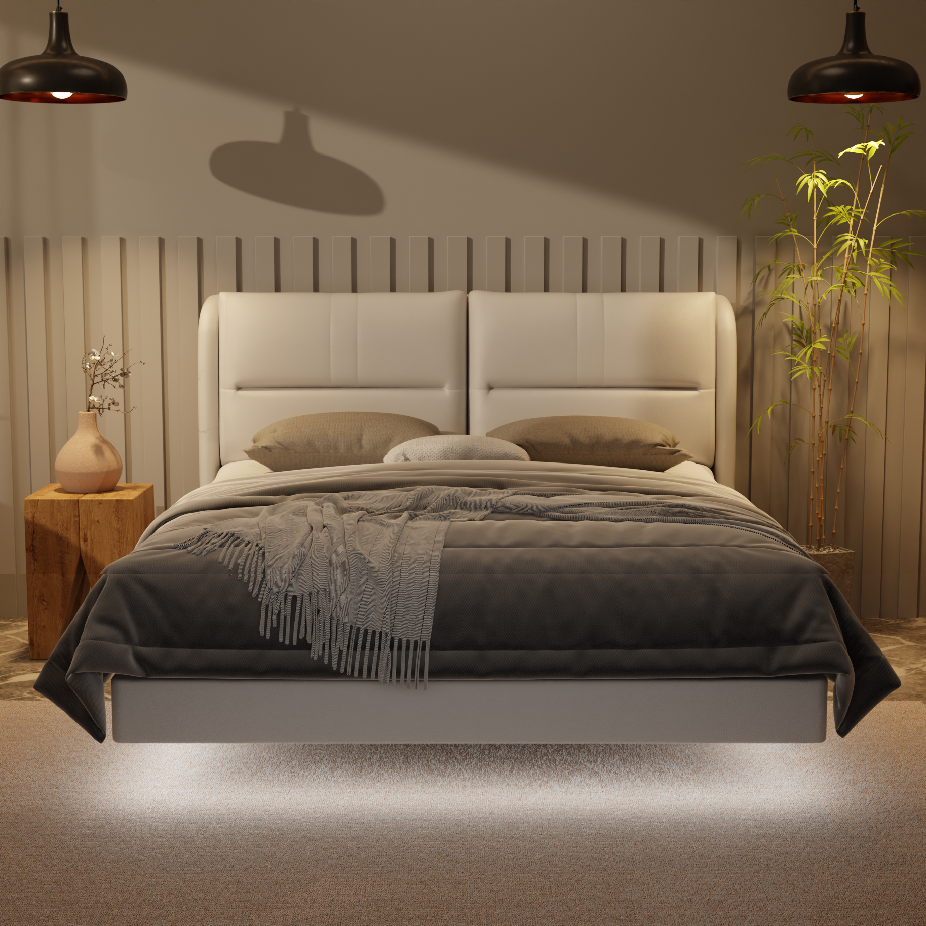 Linqe Genuine Leather Floating Bed Frame (With LED) by Esteller
