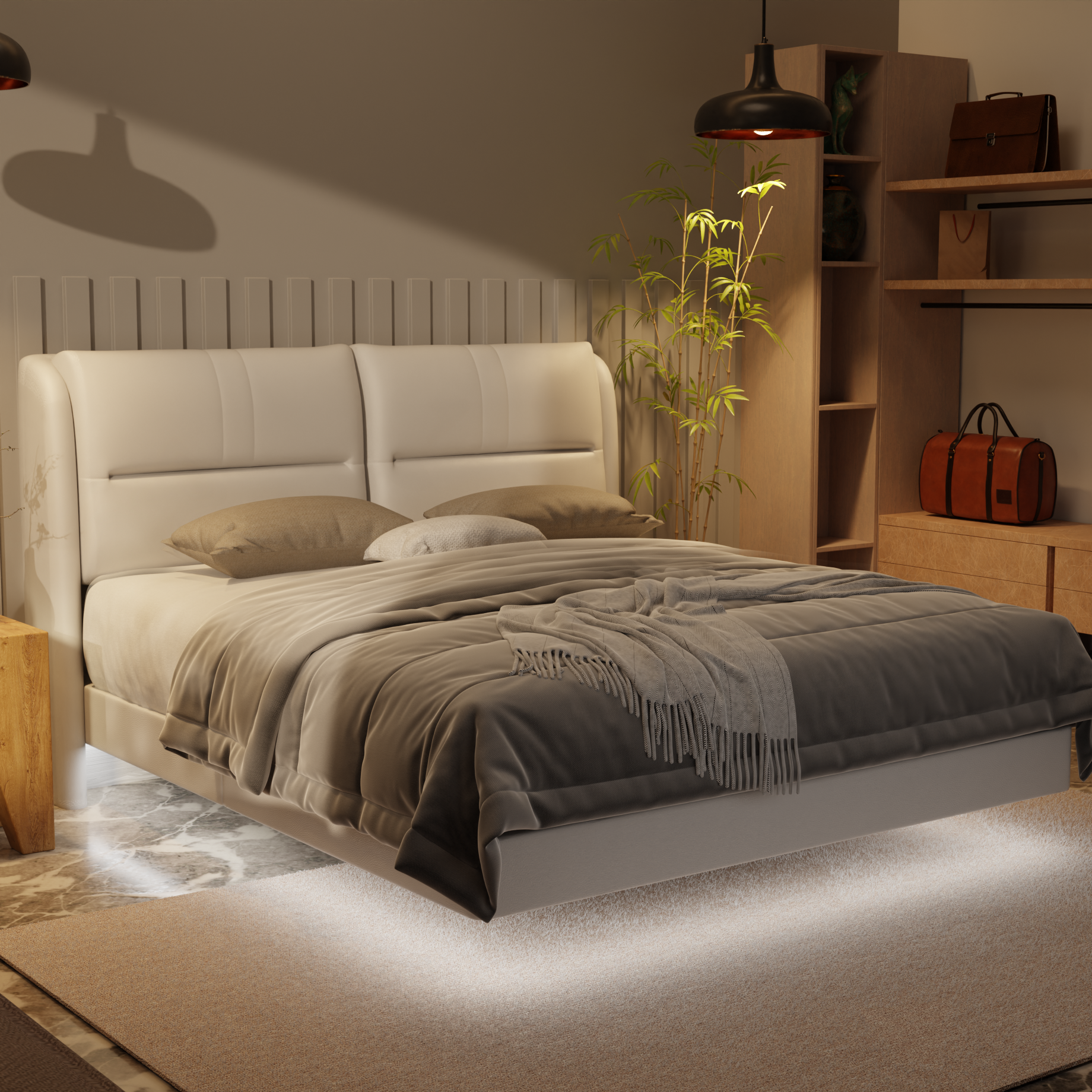 Linqe Genuine Leather Floating Bed Frame (With LED) by Esteller