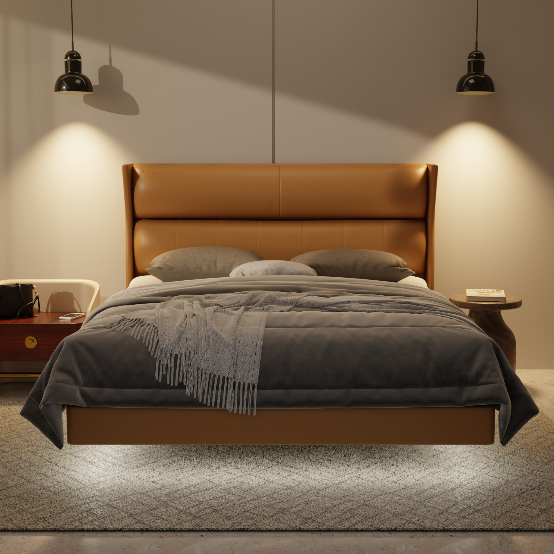 Kimble Genuine Leather Floating Bed Frame (With LED) by Esteller