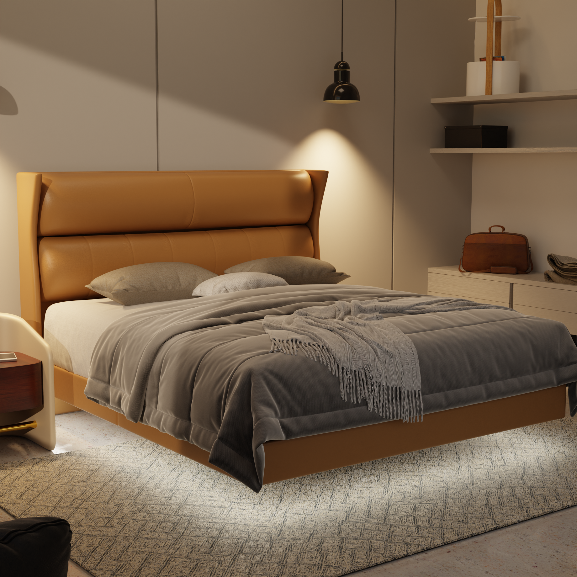 Kimble Genuine Leather Floating Bed Frame (With LED) by Esteller