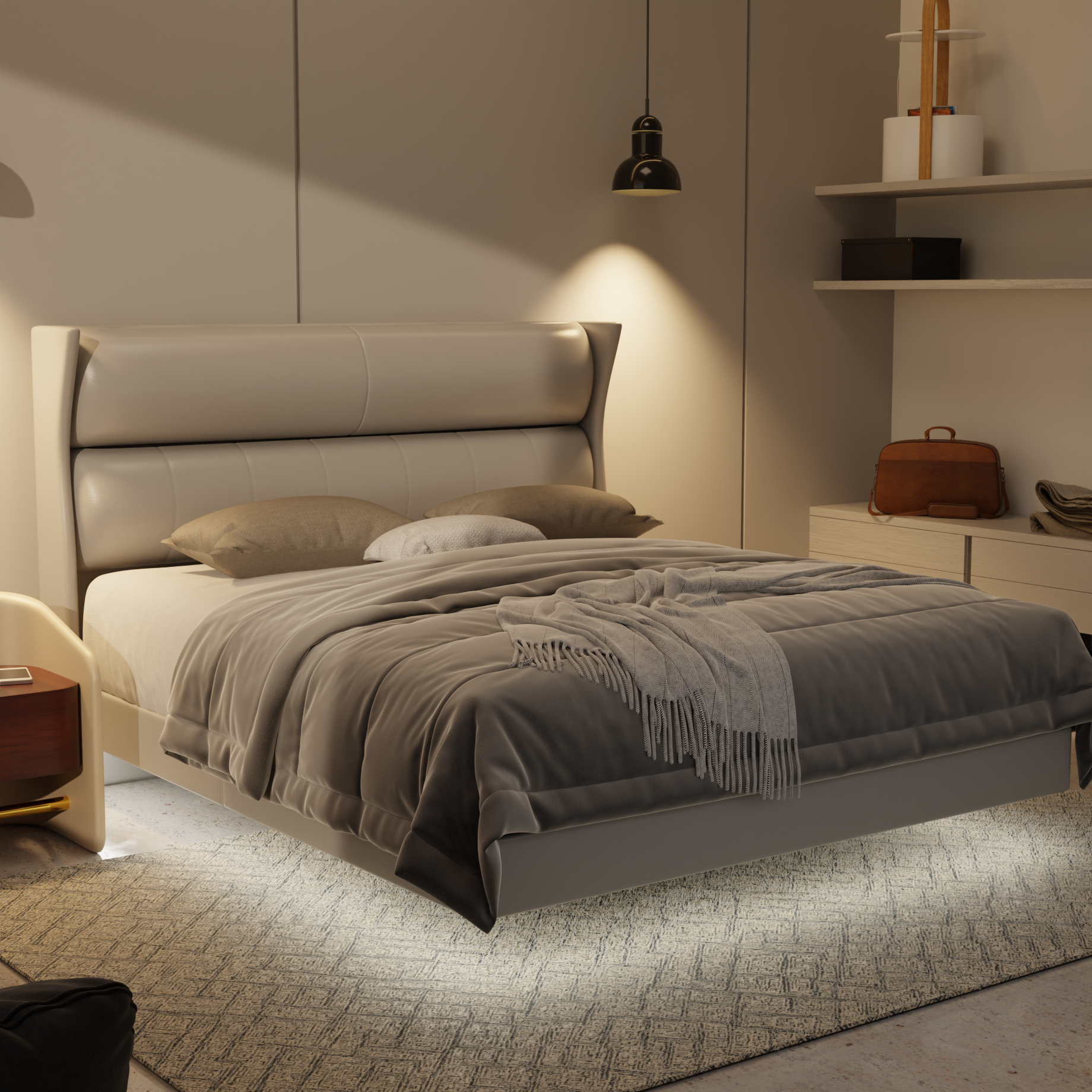 Kimble Genuine Leather Floating Bed Frame (With LED) by Esteller