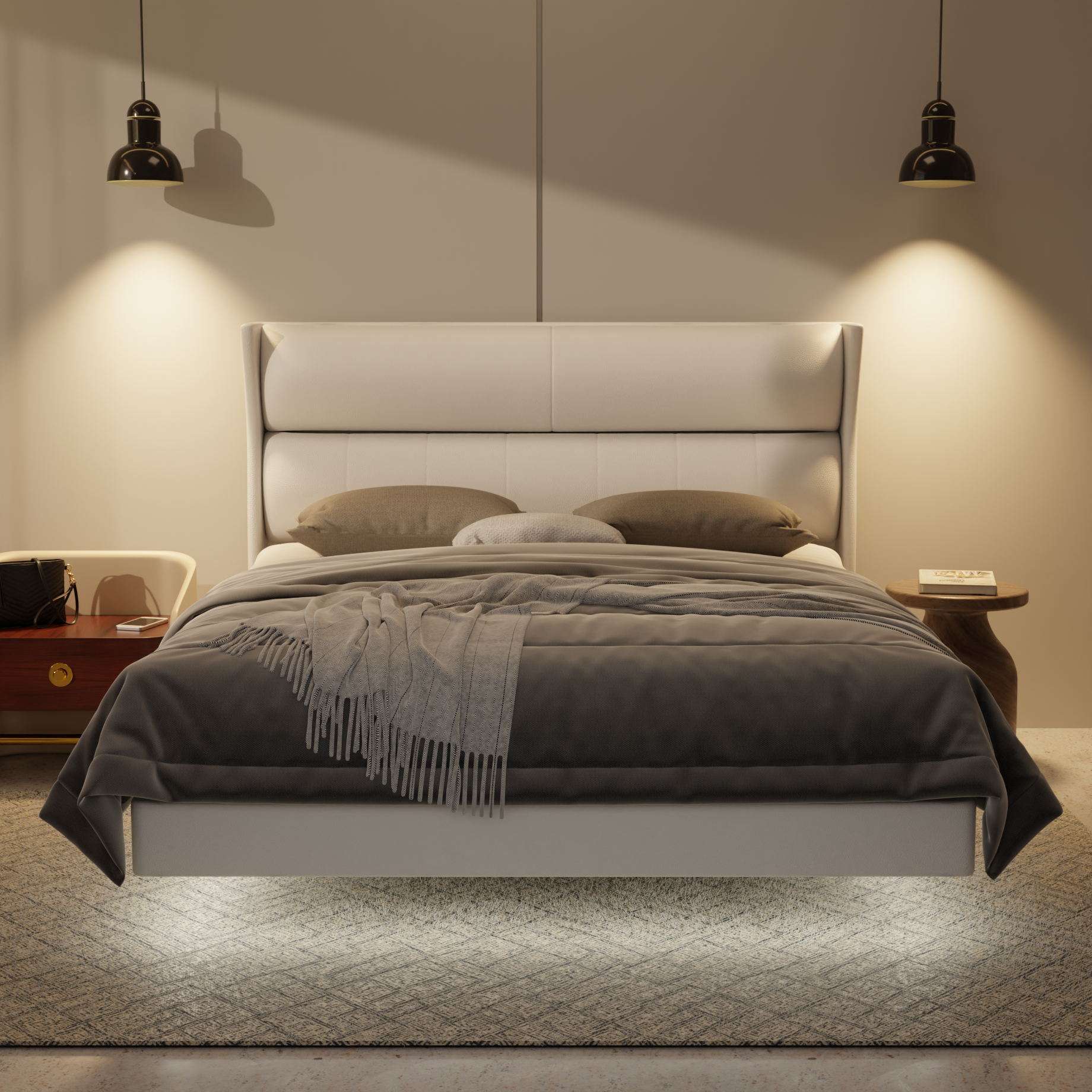 Kimble Genuine Leather Floating Bed Frame (With LED) by Esteller