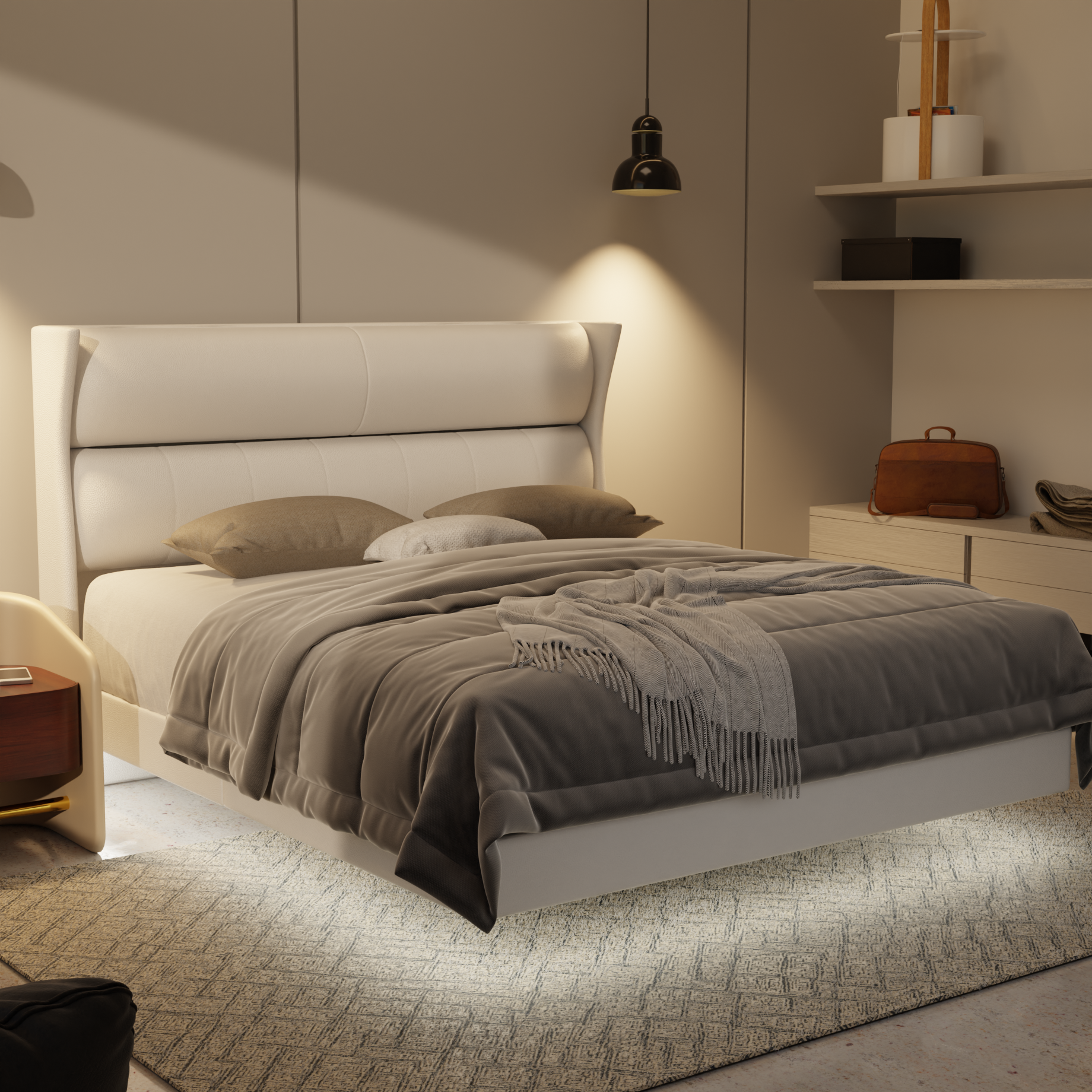 Kimble Genuine Leather Floating Bed Frame (With LED) by Esteller