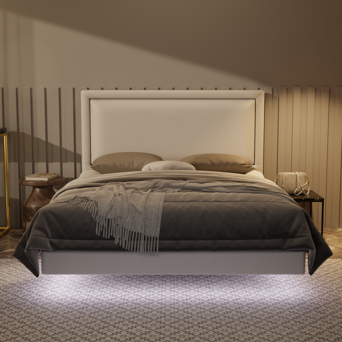 Jinny Genuine Leather Floating Bed Frame (With LED) by Esteller